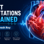 Heart palpitations explained infographic featuring a realistic 3D human heart, ECG heartbeat waveform, causes, triggers, symptoms, diagnosis methods, treatment options, and warning signs of irregular heartbeats.