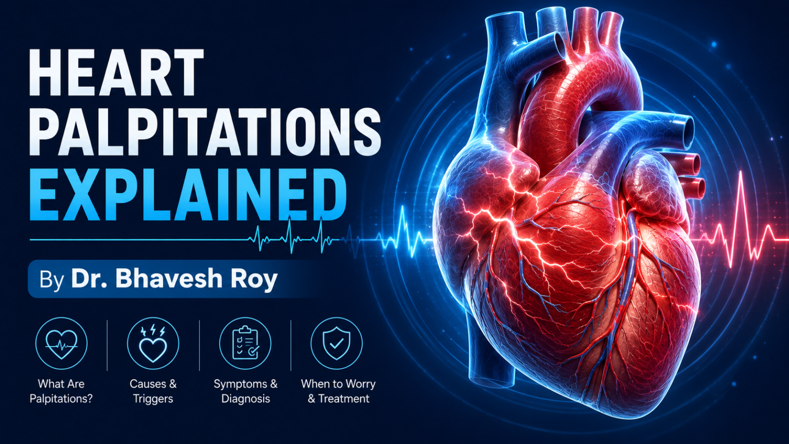 Heart palpitations explained infographic featuring a realistic 3D human heart, ECG heartbeat waveform, causes, triggers, symptoms, diagnosis methods, treatment options, and warning signs of irregular heartbeats.