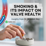 Illustration showing the impact of smoking on heart valve health, demonstrating how tobacco smoke causes damage and calcification to heart valves.