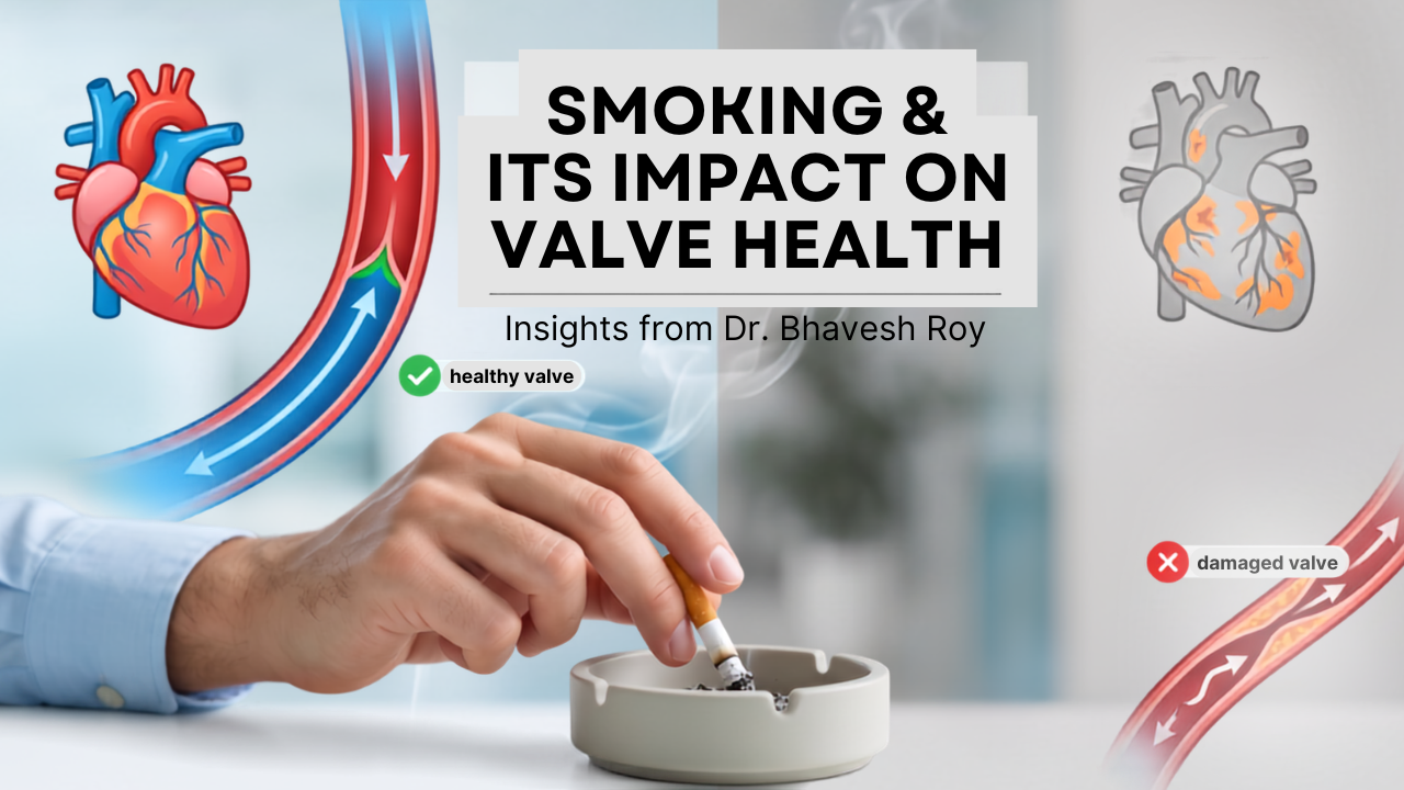 Illustration showing the impact of smoking on heart valve health, demonstrating how tobacco smoke causes damage and calcification to heart valves.