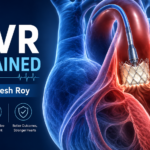3D medical illustration showing the TAVR full form in medical procedure, replacing a diseased aortic valve without open-heart surgery.