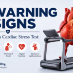 3D medical illustration of a heart on a treadmill, highlighting symptoms like chest tightness and fatigue that require a cardiac stress test by Dr. Bhavesh Roy
