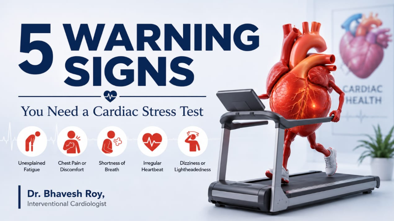 3D medical illustration of a heart on a treadmill, highlighting symptoms like chest tightness and fatigue that require a cardiac stress test by Dr. Bhavesh Roy