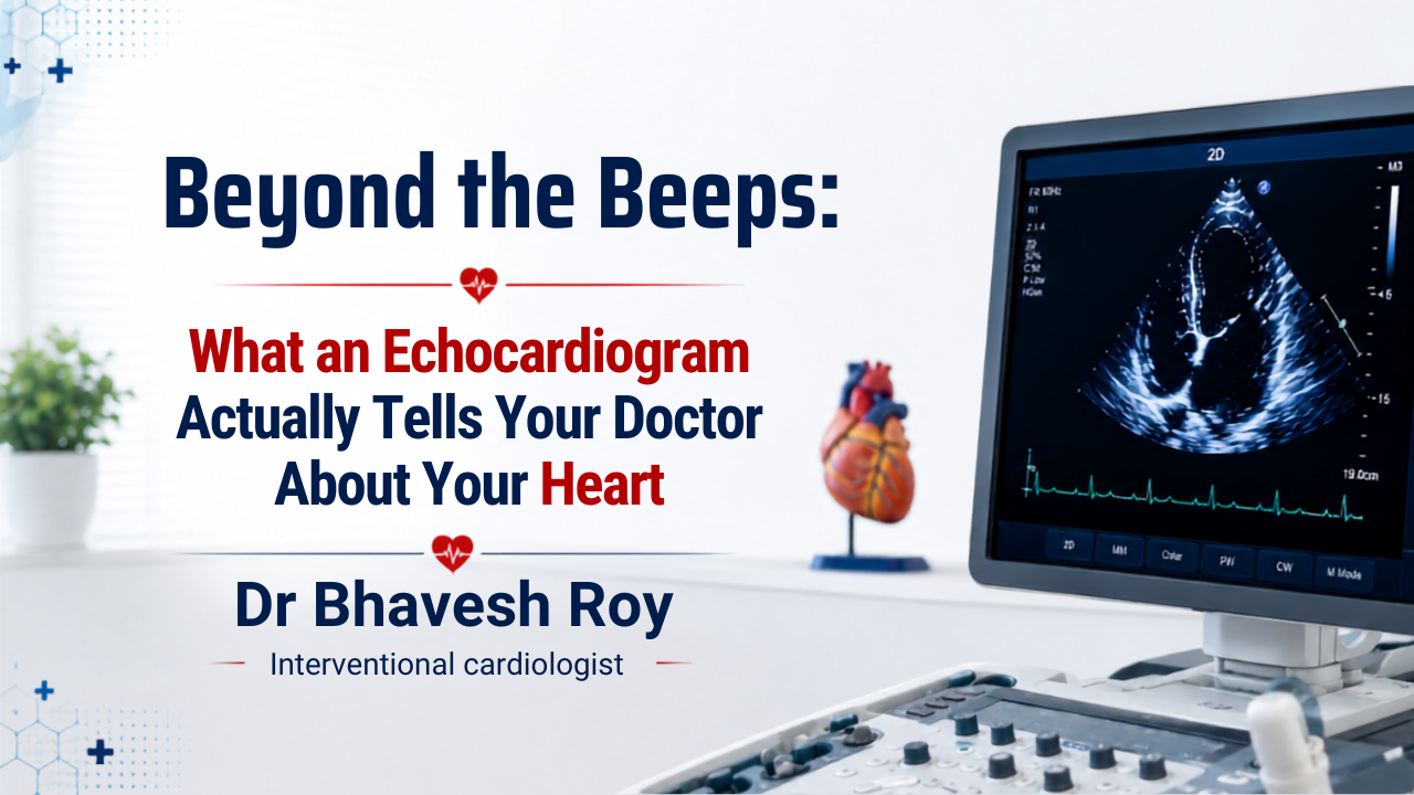 Echocardiogram machine displaying a 2D heart ultrasound with the title 'Beyond the Beeps: What an Echocardiogram Actually Tells Your Doctor About Your Heart' by Dr. Bhavesh Roy, Interventional Cardiologist.