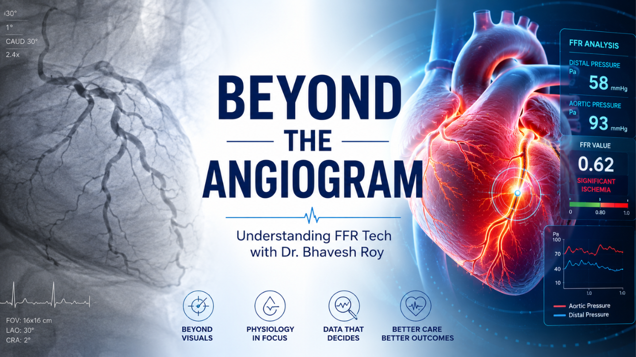 3D medical illustration of a Fractional Flow Reserve (FFR) sensor wire measuring blood flow through a coronary artery blockage.