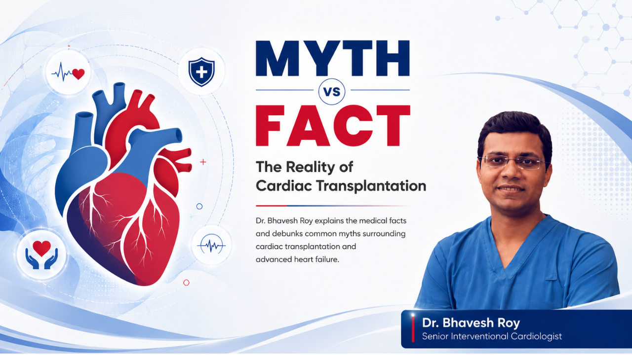 Myth vs Fact: The Reality of Cardiac Transplantation – educational cardiology blog by Dr. Bhavesh Roy, Senior Interventional Cardiologist, explaining heart transplantation, heart failure, organ donation myths, and transplant facts with an abstract medical heart illustration.