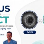 IVUS vs. OCT cardiac imaging comparison graphic featuring Dr. Bhavesh Roy, showing cross-sectional vessel scans.